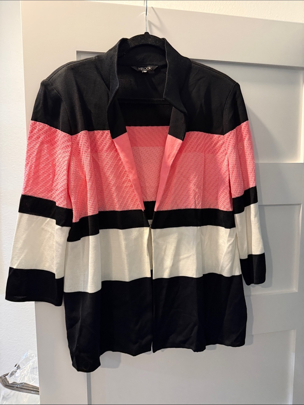 Misook Black, Pink & White Striped Open-Front Blazer